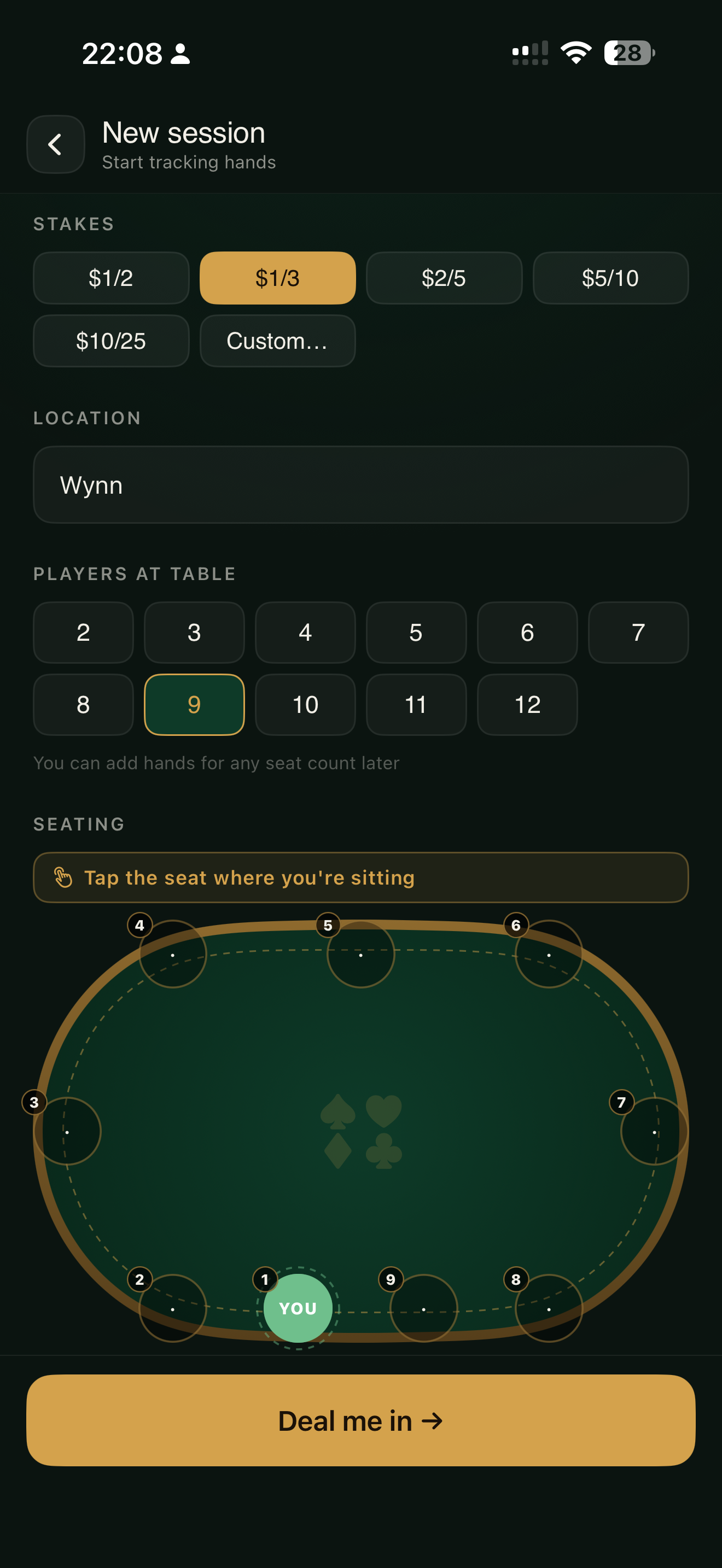 New session screen — pick stakes, location, players at table, then tap your seat. Felt table with 9 seats arranged around the oval.