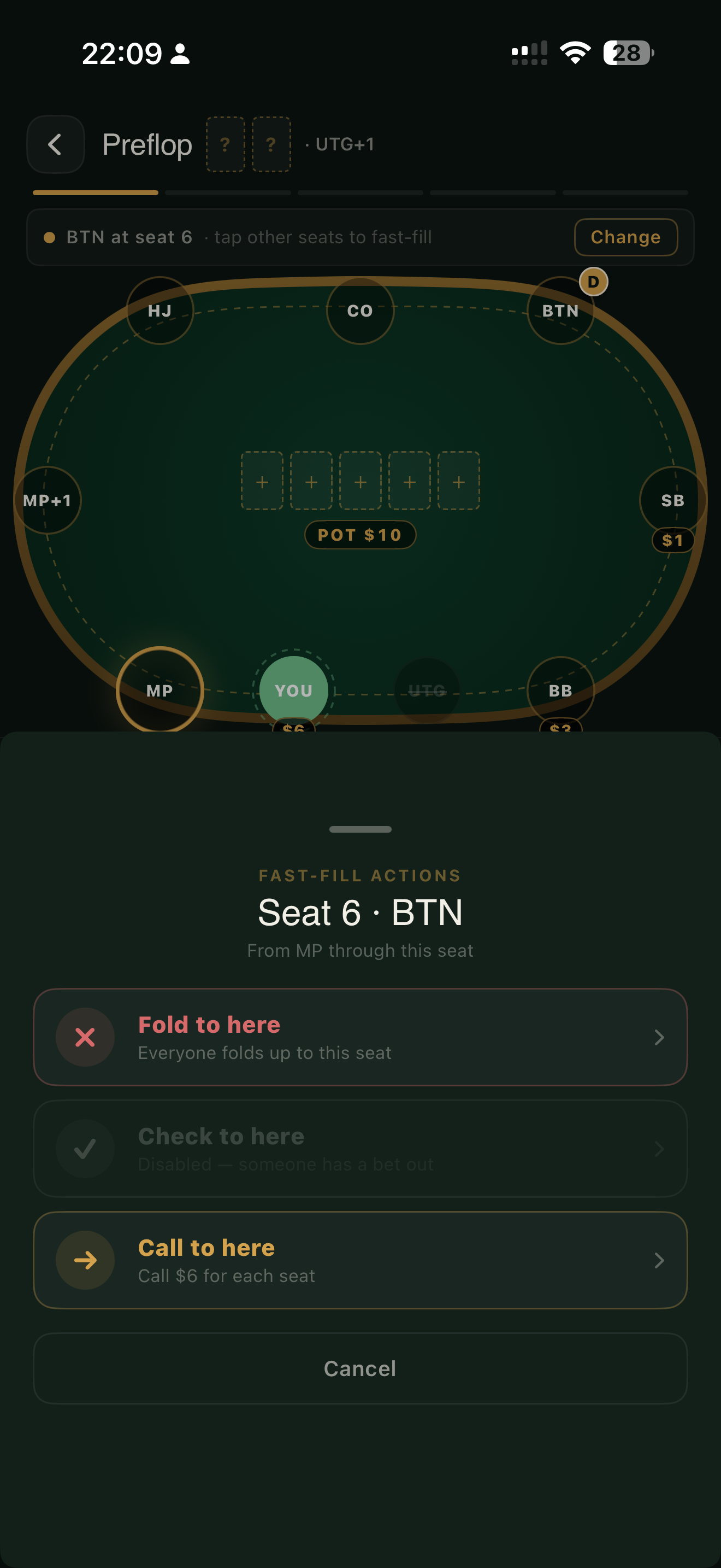 Preflop screen with fast-fill action sheet for seat 6 BTN.