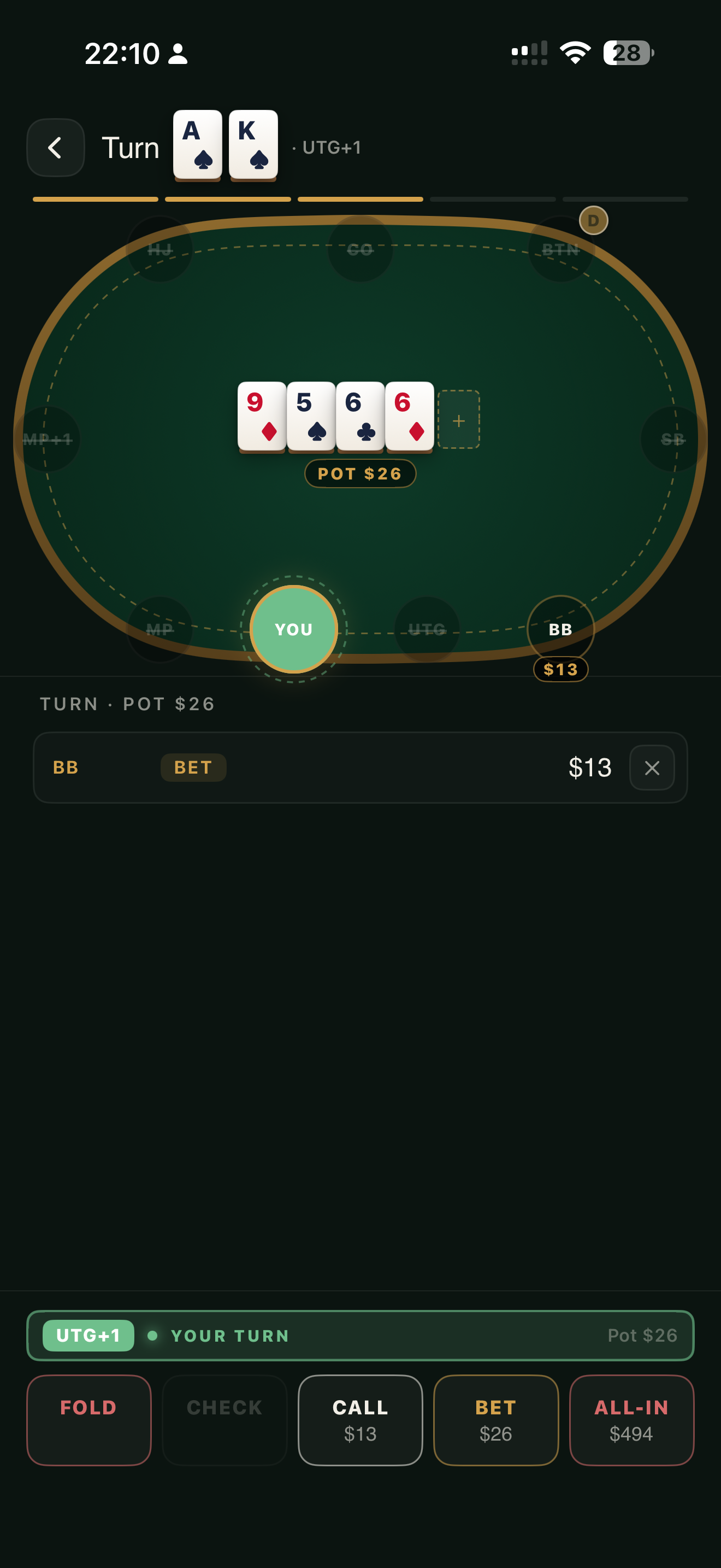 Turn screen — felt table with the board, BB bets $13, your turn to act.